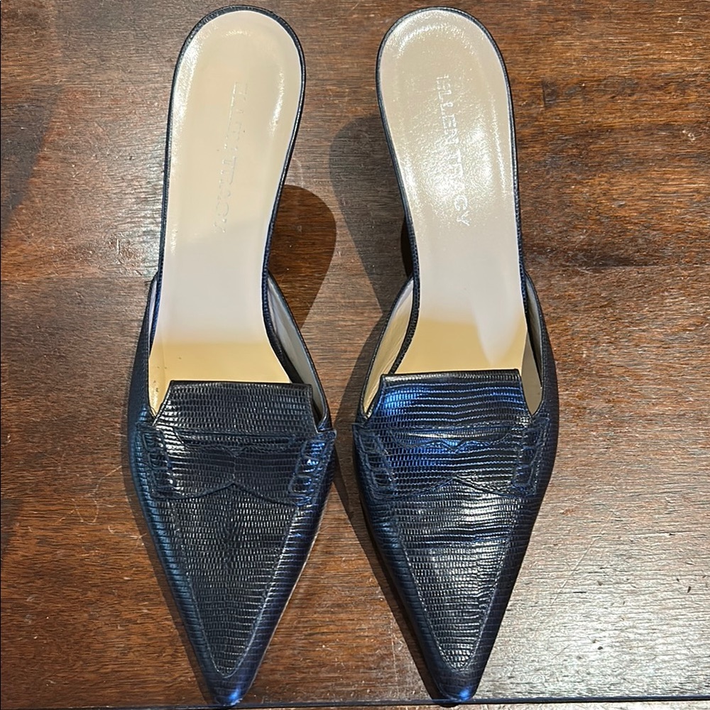 Ellen Tracy Black Textured Leather Mules Low Heel